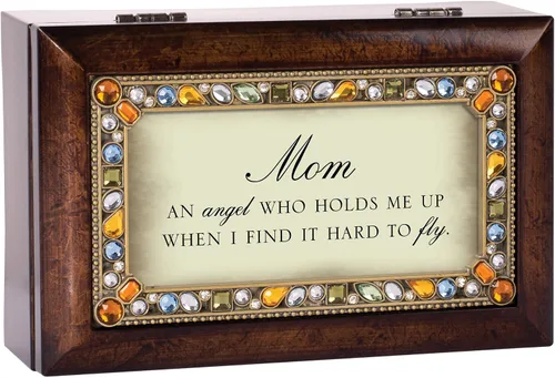 Vista 4 de Cottage Garden Caja de música con texto en inglés "Mom an Angel Hold Me Up", tono tierra ámbar, reproduce el viento debajo de mis alas