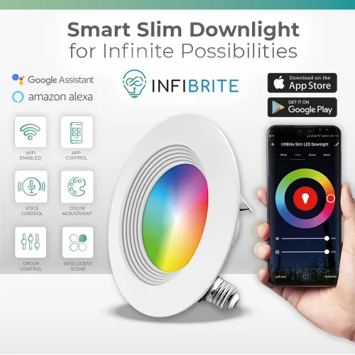 Vista 5 de INFIBRITE Luz empotrable inteligente de 4 pulgadas, cambio de color y blanco sintonizable, base LED E26 con reequipamiento WiFi, sin concentrador