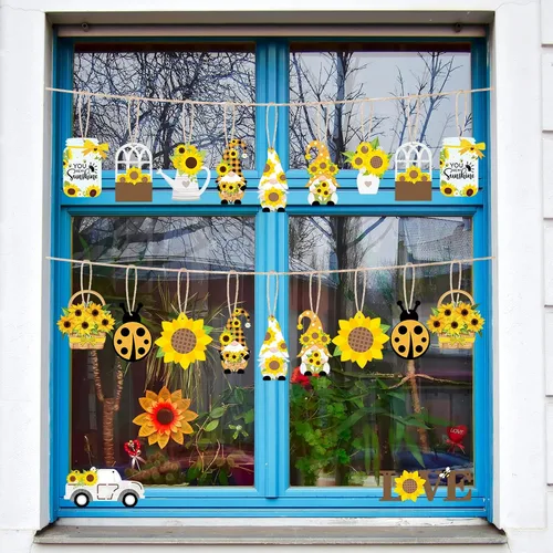 Vista 2 de Paquete de 48 adornos de gnomo de girasol para árbol de verano, colgante de madera con flores amarillas, decoraciones de fiesta de verano, recuerdos