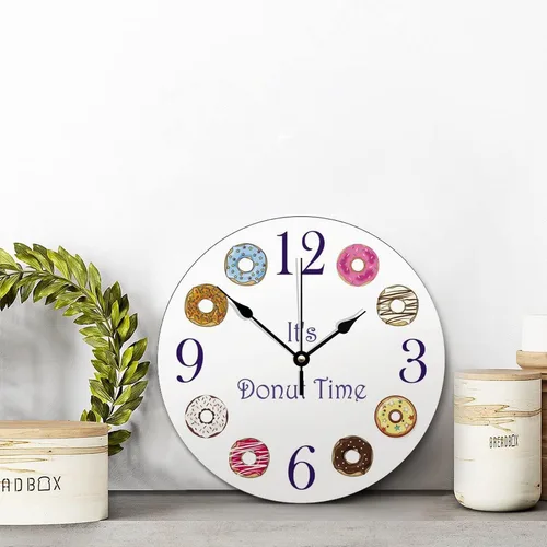 Vista 4 de ArogGeld It's Donut Time - Reloj de pared con forma de dona, silencioso, redondo, de madera, funciona con pilas, multicolor, talla única