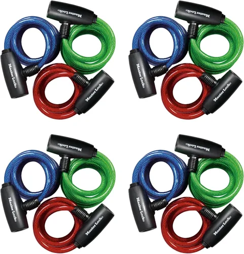 Vista 8 de Master Lock Cables para candado de bicicleta con llave, azul, verde y rojo, paquete de 3 cerraduras de cable de bicicleta con llave, 6 pies