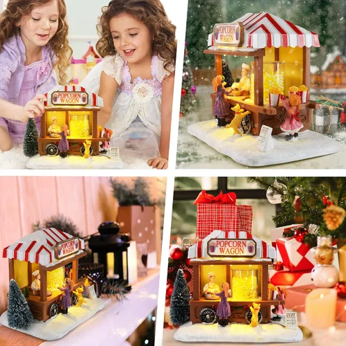 Vista 6 de Casas de Pueblo de Navidad con Luces LED Iluminadas, Casa de Ratón de Palomitas de Maíz Multicolor para Decoración del Hogar