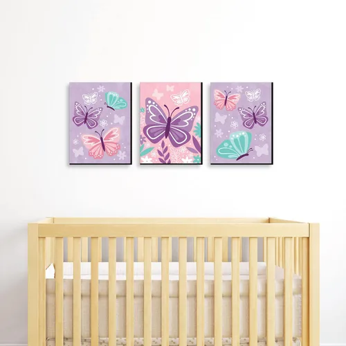 Vista 2 de Big Dot of Happiness Hermosa mariposa – Arte de pared floral para guardería y decoración de habitación infantil – 7.5 x 10 pulgadas – Juego de 3