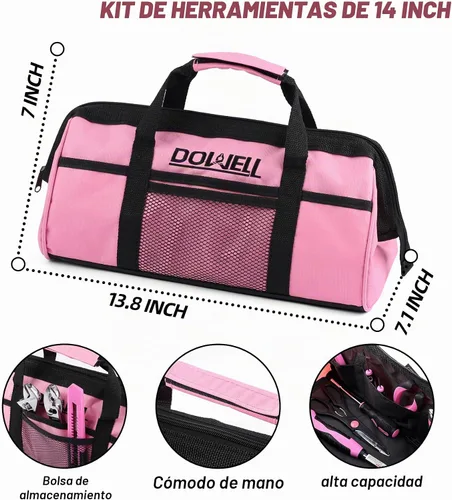 Vista 3 de DOWELL Kit de herramientas rosa de 140 piezas para mujeres, niñas, damas, juego de herramientas para el hogar con bolsa de herramientas de 14