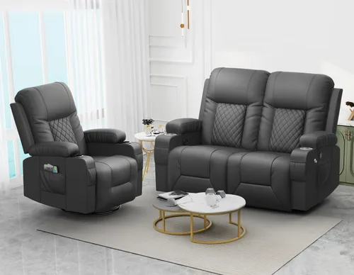 Vista 19 de Furnimat Juego de sofá reclinable con 2+1 piezas para sala de estar, sofá reclinable de 2 plazas en cuero, 1 silla reclinable con asiento de sofá