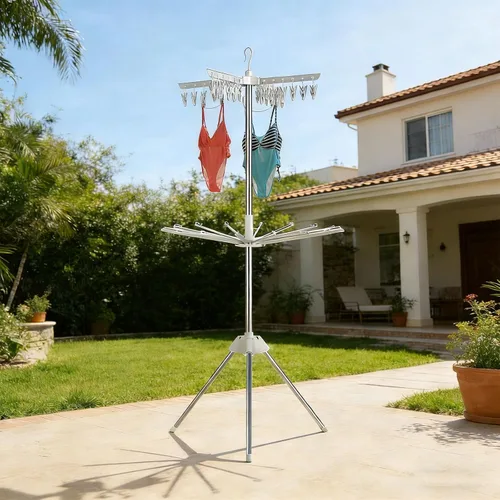 Vista 2 de Estante de secado de ropa que ahorra espacio, trípode de acero de 64 pulgadas, plegable, con 4 brazos giratorios para 24 perchas, 3 patas, para 30