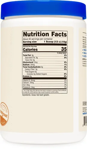 Vista 4 de Nutricost Polvo de gelatina de carne de res alimentada con pasto (1 libra), sin sabor, 0.32 onzas de proteína por porción, sin OMG, sin gluten, 45
