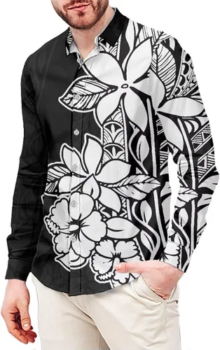 Vista 21 de Camisas polinesias para hombre con patrones de hojas tropicales polinesias, camisa hawaiana de manga larga para hombre, ropa de vacaciones de otoño