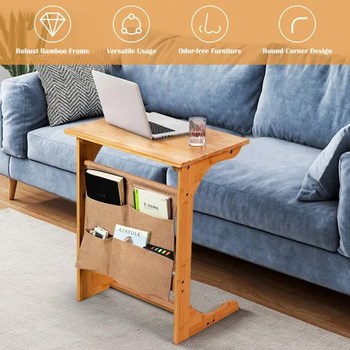 Vista 4 de Tangkula Bandeja de TV de bambú para sala de estar, mesa auxiliar de sofá, mesa auxiliar de aperitivos con bolsa de almacenamiento, mesa auxiliar