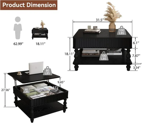 Vista 2 de Mesa de centro cuadrada de 31.5 pulgadas con tapa elevable y almacenamiento, mesas de centro modernas acanaladas con tapa elevable, mesa central