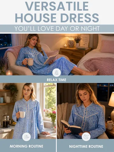 Vista 5 de Casual Nights Camisón de franela con flores de manga larga para mujer Azul