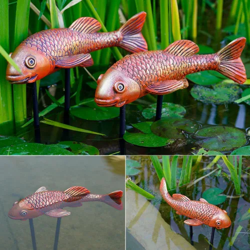 Vista 3 de Estatuas de Jardín de Peces Koi de Cerámica Antigua - Juego de 2 Exquisitas Esculturas de Peces para Exteriores, Patio, Estanque y Decoraciones