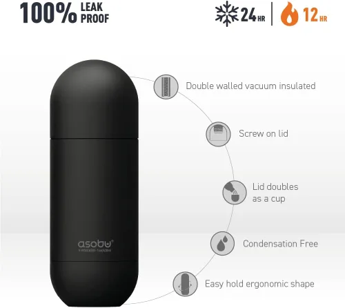Vista 2 de Asobu Orb - Botella de agua de viaje con aislamiento de doble pared de acero inoxidable, 14 onzas (negro)