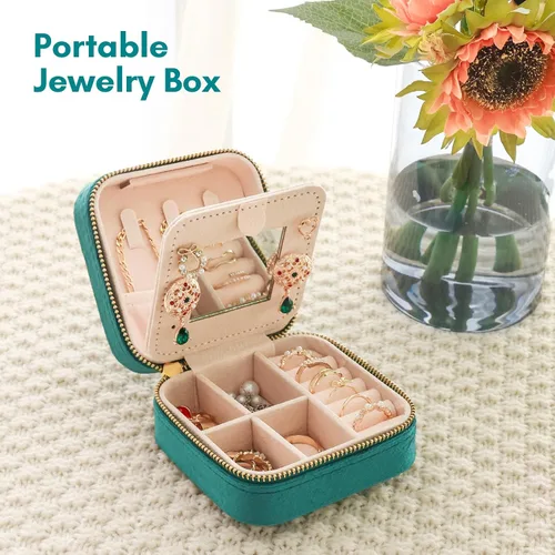 Vista 5 de Fixwal Organizador de viaje de joyería, pequeñas cajas de joyería con espejo, mini joyería de viaje, terciopelo de felpa para mujeres y niñas