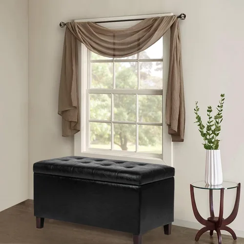 Vista 2 de Adeco Otomana de almacenamiento, banco tapizado rectangular de piel sintética con patas de madera, reposapiés, mesa de café para sala de estar Negro