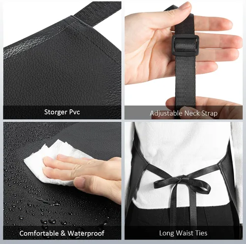 Vista 4 de Delantal impermeable, delantal de vinilo de goma extra largo resistente con bolsillo para hombres, delantales ajustables resistentes a productos
