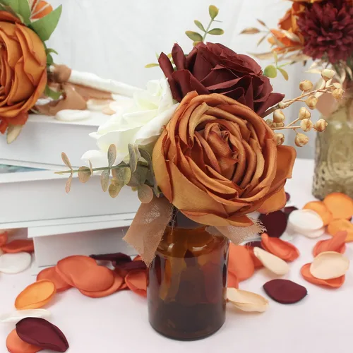Vista 7 de Rinlong 6 centros de mesa de flores de otoño para bodas, terracota naranja quemada Mesas de boda, ramos de dama de honor, decoración de guardería