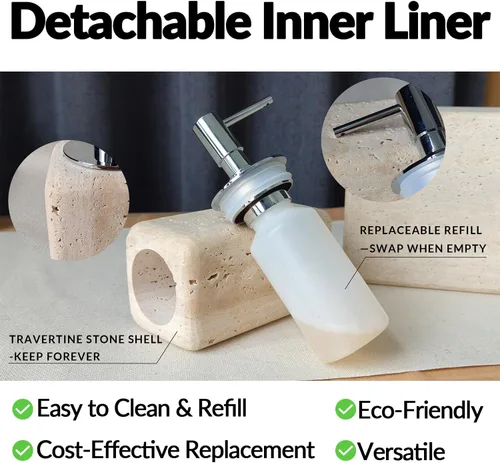Vista 7 de Dispensador de jabón de travertino, accesorios de baño, dispensador de loción de piedra cuadrada orgánica natural prémium con bomba de metal