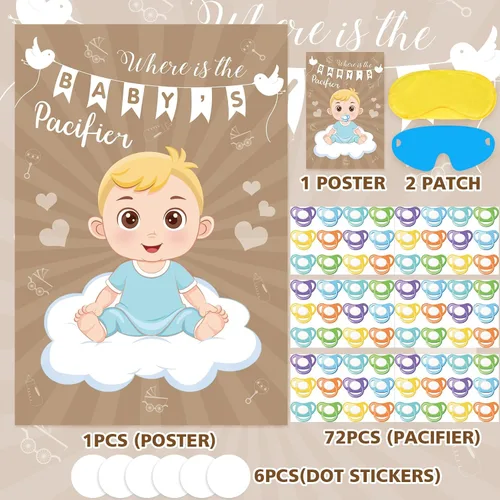 Vista 7 de Hxezoc Pin de juego para baby shower, con 72 calcomanías para chupete, póster grande de juegos de fiesta de bebé para niños, baby shower