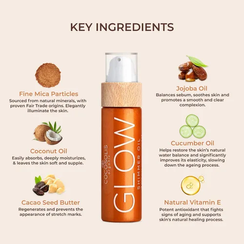 Vista 4 de COCOSOLIS GLOW Shimmer Oil Aceite seco natural iluminador con partículas brillantes Deja la piel brillante y mejora un bronceado dorado Da una