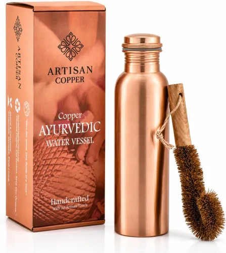 Vista 11 de Artisan - Botella de agua ayurvédica de cobre de 32 onzas, hecha a mano, 100% cobre puro, botella martillada para beber con cepillo de madera, a
