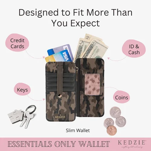 Vista 4 de KEDZIE Essentials Only - Cartera con cremallera para mujer, de piel vegana, pequeña tarjetero con ventana exterior para identificación, Glamoflauge