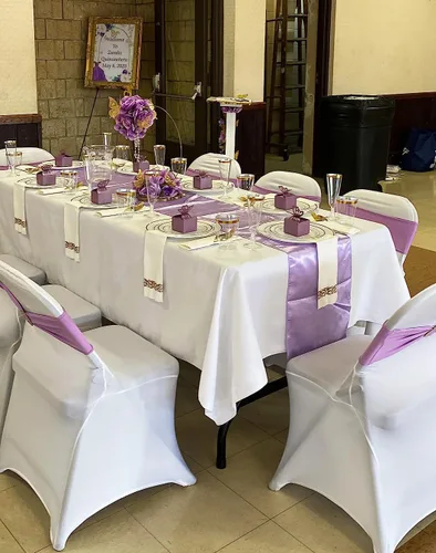 Vista 5 de Paquete de 10 caminos de mesa de satén amarillos para boda, 12 x 108 pulgadas, camino de mesa para fiesta, cumpleaños, banquete, despedida