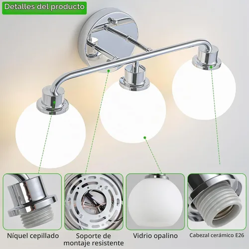 Vista 5 de Lámpara de tocador cromada para baño, 3 luces plateadas Cromado