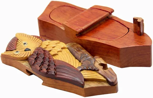 Vista 4 de Handmade Intarsia truco secreto de madera búho Art Puzzle Box