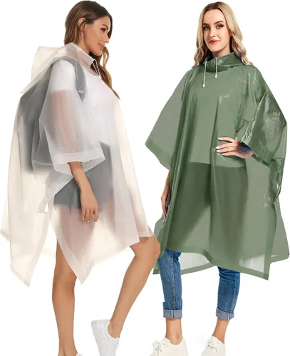 Vista 38 de Ponchos de lluvia reutilizables con capucha con cordón para adultos, abrigo de lluvia grueso impermeable, 2 paquetes