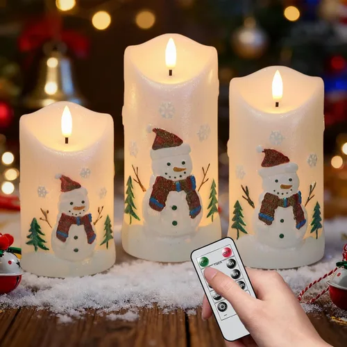 Vista 10 de Velas de cristal sin llama de casa de muñeco de nieve a pilas, con control remoto y temporizador; velas LED parpadeantes de cera real, luz blanca