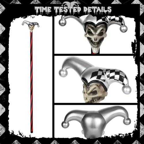 Vista 3 de Bastón de calavera de bufón, accesorios para disfraz de bufón siniestro, bastón de bromista de plástico, fiesta de cosplay para personal de Plateado