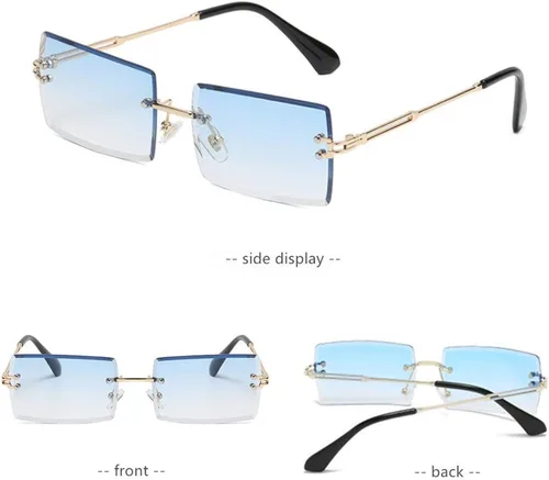 Vista 5 de LASPOR Paquete de 2 lentes de sol rectangulares sin montura para hombres y mujeres, vintage, retro, cuadrados, de metal dorado, sin marco, lentes