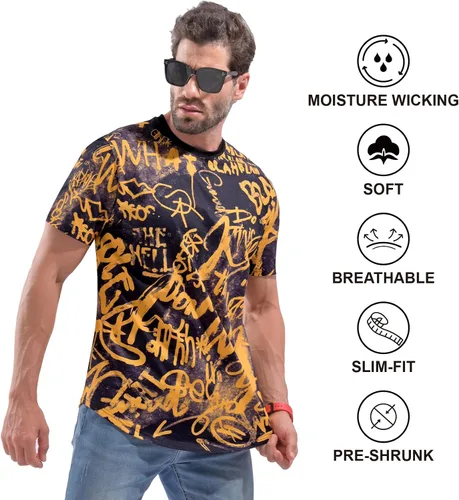 Vista 4 de DEOLAX Camiseta de moda con cuello redondo para hombre, camiseta casual de ajuste seco, camiseta de manga corta, para entrenamiento, hip hop