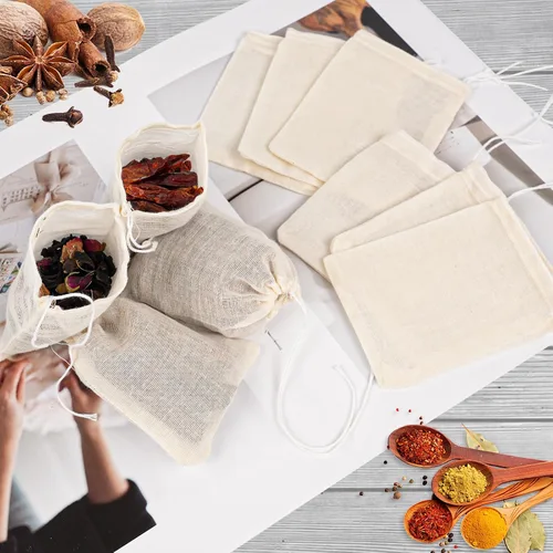 Vista 6 de GliSun 50 bolsas de muselina con cordón, bolsas de té reutilizables, de algodón natural, sin blanquear, pequeñas bolsas de tela para quesos