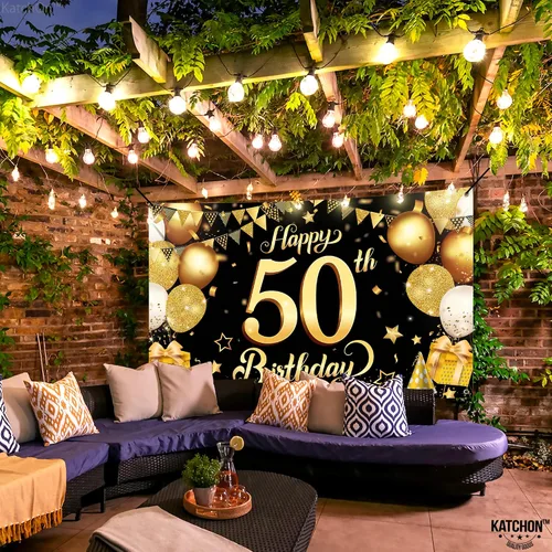 Vista 6 de KatchOn, Fondo de feliz cumpleaños 50, grande, 72 x 44 pulgadas, decoraciones de cumpleaños 50 negro y dorado Cartel de feliz cumpleaños 50