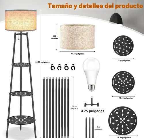 Vista 3 de Lámpara de Pie con Estantes, Lámpara de Pie Moderna con Bombillas LED de 3 Temperaturas de Color, Lámparas de Pie de Rincón para Sala de Estar