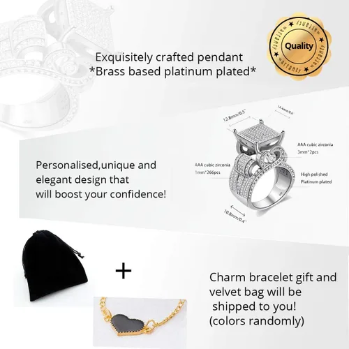 Vista 6 de Uloveido Anillo cuadrado de 0.4 pulgadas de ancho para mujer, anillo de compromiso de arquitectura de corazón, anillo de cóctel para niñas RA0221