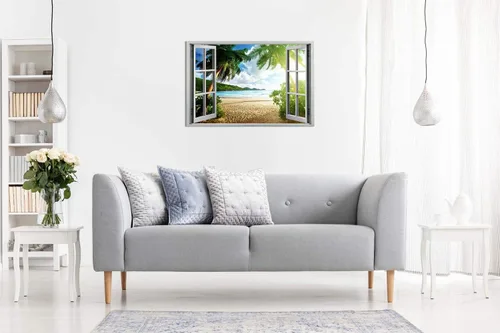 Vista 4 de Lienzo decorativo para pared con efecto de ventana 3D con vista al atardecer en la playa (12 x 8)