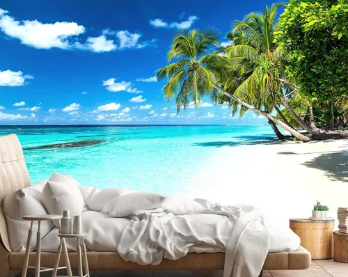 Vista 7 de Reyhui - Papel tapiz con imagen de palmera, paraíso tropical, playa, paisaje marino, para paredes de dormitorio, sala de estar, fondo de televisión