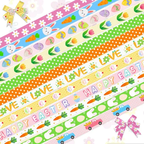 Vista 8 de ALIBBON Cinta de Pascua de 12 yardas, 3/8 pulgadas, clásico, patrón de dibujos animados, verde, rosa, amarillo, blanco, ocasión de Pascua