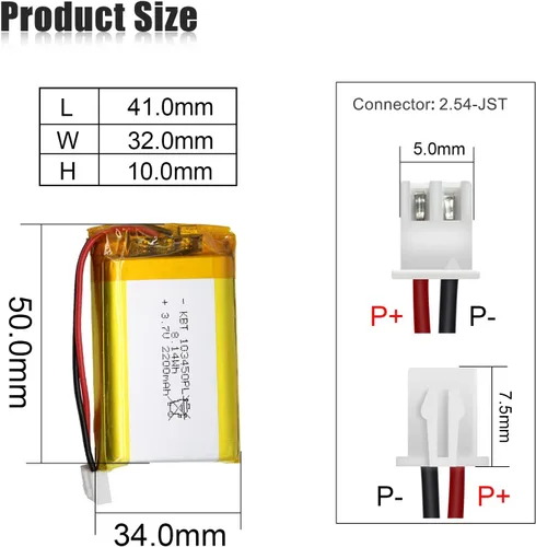 Vista 2 de Batería de polímero de litio KBT 3.7V 2200mAh: 103450 baterías de repuesto de iones de litio recargables Lipo con conector JST PH 2.54, conector