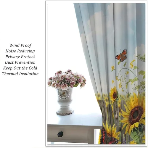 Vista 5 de Sunflower Curtains for Living Room Bedroom, Spring Nature Blue Sky and Butterfly Window Drapes, Rustic Wooden Fence Floral Botanical Decor, 2 Panels