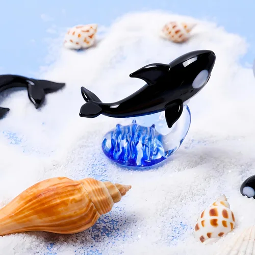 Vista 3 de Figuras de ballenas de cristal coleccionables sopladas a mano, escultura de delfines de cristal, pisapapeles de animales marinos para regalos, Negro