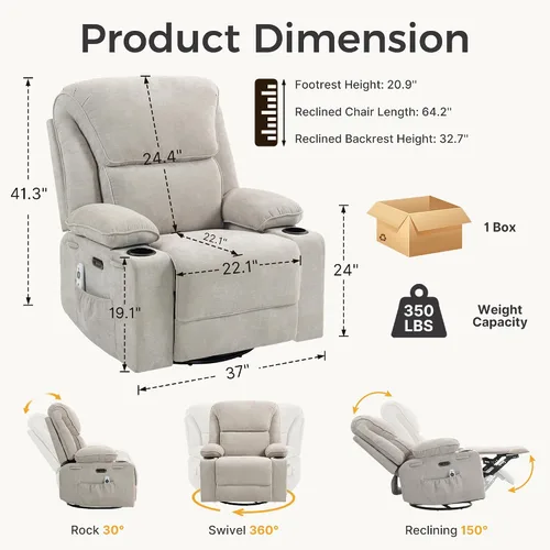 Vista 3 de Silla reclinable eléctrica con balanceo, giratorio y planeador para Gris claro