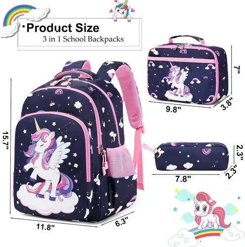 Vista 25 de Juego de mochila para niñas con diseño de unicornio, mochila escolar para niños, mochila para libros para niñas, set 3 en 1, regreso a clases