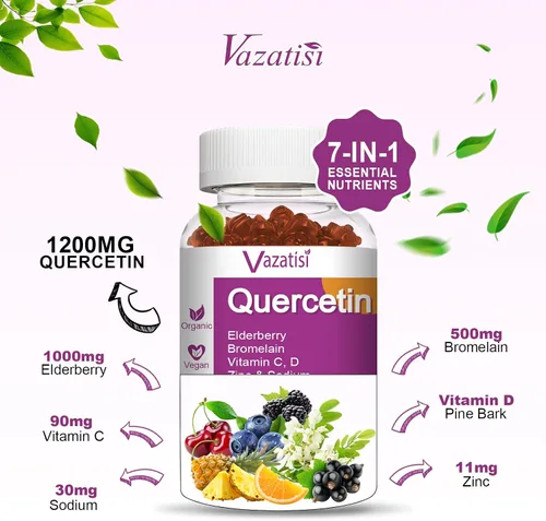 Vista 7 de Gomitas de quercetina, quercetina con vitamina C, zinc, bromelina, saúco y vitamina D, apoyo inmunológico para adultos y niños, mujeres y hombres