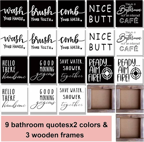 Vista 5 de Divertidos letreros decorativos de baño, decoración de baño de granja con 9 frases intercambiables, accesorios rústicos para decoración de estantes