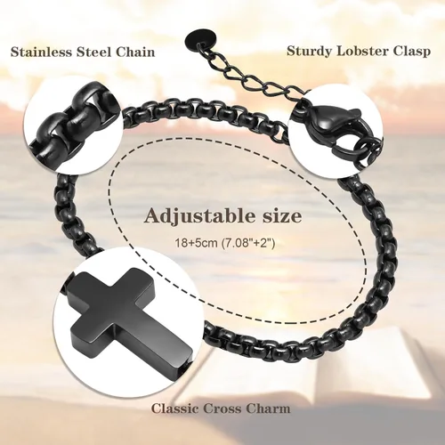 Vista 4 de Pulseras de cadena cruz para hombres y mujeres, pulseras de encantos de cruz de acero inoxidable plateado/negro para hombres, joyería de fe