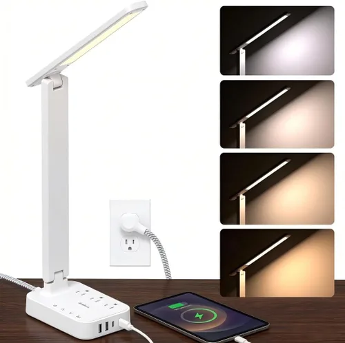 Vista 12 de Addtam Lámpara LED de escritorio, tira de alimentación con 3 tomas, 4 puertos de carga USB (2 USBC), 4 modos, lámpara táctil de 5 niveles de brillo